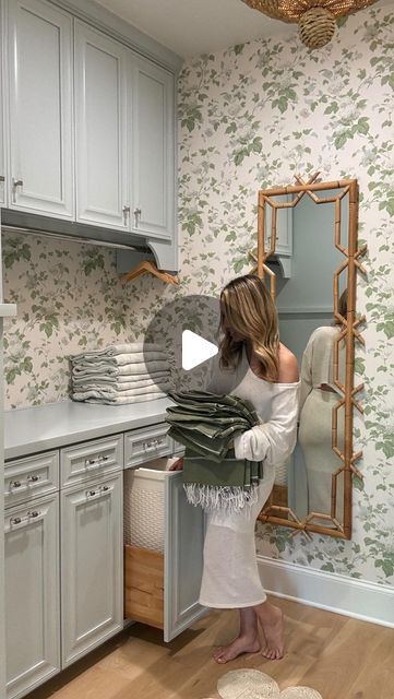 Lacey Karasik 🌿Home Decor on Instagram: "Comment ‘laundry’ to receive links to shop this grandmillenial inspired laundry room! 
.
Back story on dryer: our dryer is sending out the wrong error code so we had to replace the mother board less than 6 months ago….Aaaaand  I can’t for the life of me remember which company we used 😬😫 so we had to replace it again! Let my mistake be your lesson 🫣 This has been one expensive dryer! Both repairmen have said this never happens with LG products, so I must just be lucky! Hoping it doesn’t break on us again any time soon 🤞🏻
.
Blue paint color: Chelsea Blue at 25% lighter 
.
#laundry #laundryroom #laundryroomdecor #laundryroommakeover #laundryroomorganization #laundryroomhacks #laundryroominspo #laundryroommusthaves #clothingorganization #laundryin Grandmillenial Laundry Room, Green Laundry Room, Elegant Laundry Room, Narrow Laundry Room, Blue Paint Color, Laundry Room Hacks, Chelsea Blue, Green Laundry, My Mistake