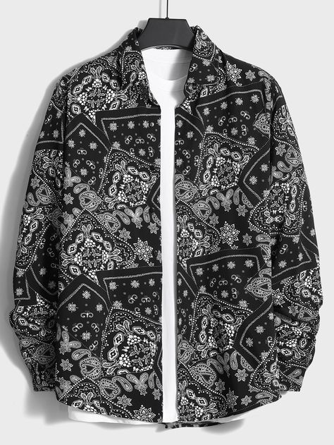 Black and White Casual Collar Long Sleeve Woven Fabric Paisley Shirt Embellished Slight Stretch  Men Tops Uniqlo Outfit, Camouflage Cargo Pants, Stylish Hoodies, Paisley Shirt, Men Stylish Dress, Men Shirts, Bandana Print, Drift Cars, Men Tops