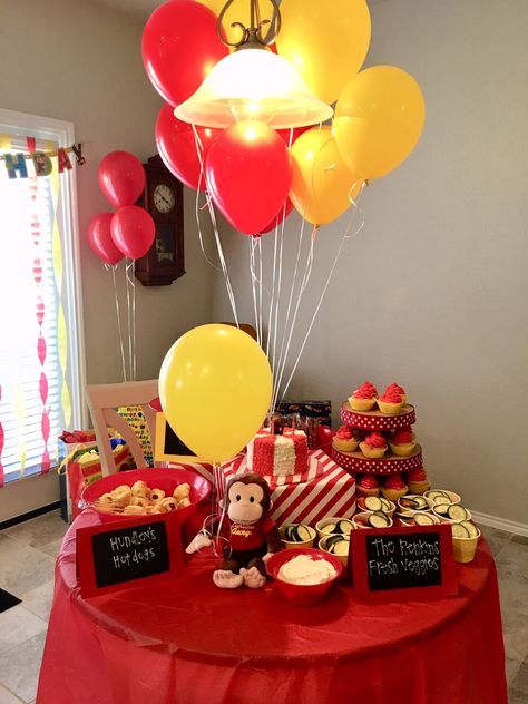 Curious Brex turns Two!! – Saltwater Daze Curious George Birthday Party Decoration, George Birthday Party, Curious George Birthday Party, Curious George Party, Curious George Birthday, Birthday Party Table, Birthday Party Tables, Curious George, Birthday Party Decoration