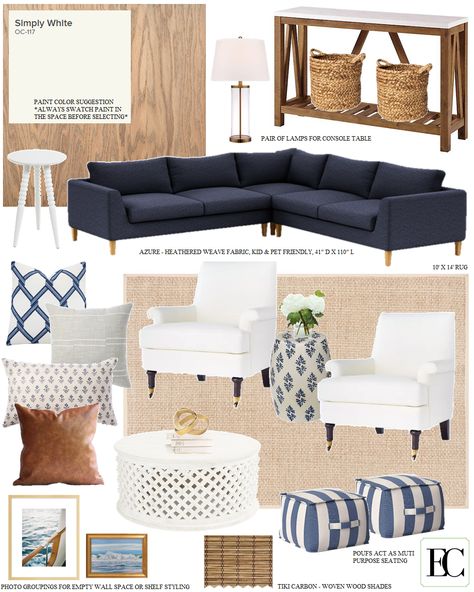 Navy Blue Couch Coastal Living Room, Industrial Coastal Living Room, Living Room Decor Navy Couch, Blue Sofa Mood Board, Navy Sofa Living Room Colour Schemes, Navy Blue Couch Living Room Decor, Navy Blue Sofa Living Room, Blue Sectional Living Room, Navy Blue Couch Living Room