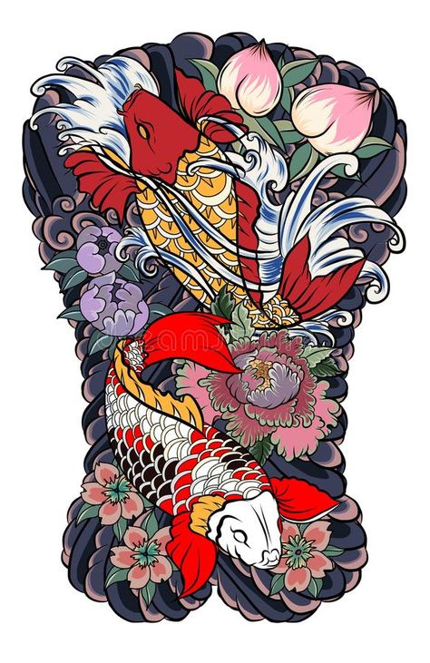 Japanese tattoo design full back body.Two koi carp fish with water splash and peony flower,cherry blossom and stock illustration Koi Fish Flower Tattoo, Fish Flower Tattoo, Dragon Tattoo Full Back, East Asian Dragon, Dragon Koi Tattoo Design, Tato Geisha, Japanese Back Tattoo, Backpiece Tattoo, Koi Tattoo Design