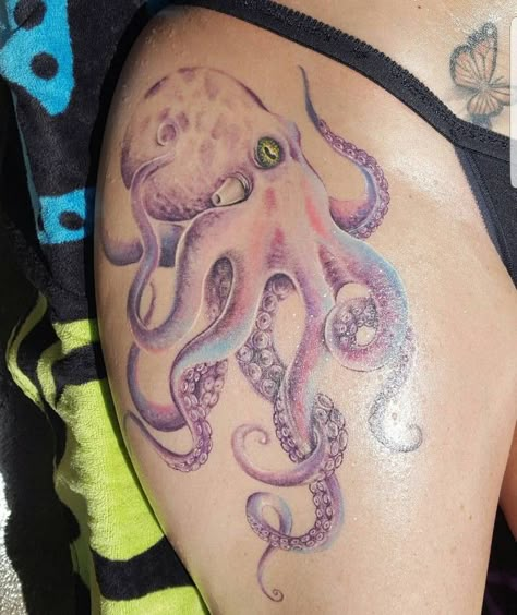 #octopus #light #nolines #color #beautiful #purple #pink #blue #artist #tattoo #women #gorgeous #thigh #tats Watercolour Octopus Tattoo, Blue Octopus Tattoo, Girly Octopus Tattoo, Colored Octopus Tattoo, Feminine Octopus Thigh Tattoos, Octopus Tattoos Color, Octopus Color Tattoo, Octopus Leg Tattoos Women, Octopus Hip Tattoos Women