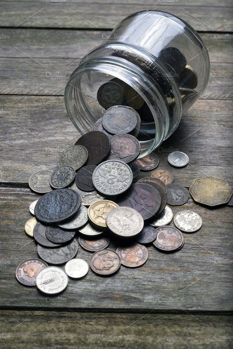 Coins Spilling from a Jar. Business Photos Business Photos, Old Coins, Wooden Table, Art Boards, Personalized Items