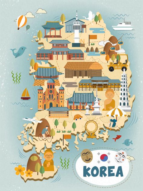 South Korea travel map stock illustration Cute Couple Kdrama, Cartoon To Watch, Weightlifting Fairy Wallpaper, Korea Illustration, Cartoon Characters Names, Sao Fanart, Paint Splatter Art, Korea Map, Travel Korea