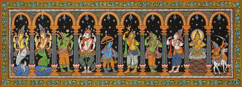 Dashavatara Paintings Madhubani, Dashavatara Paintings, Patachitra Art, Vamana Avatar, Avatar Painting, God Drawings, Pattachitra Art, Krishna Avatar, Hinduism Art