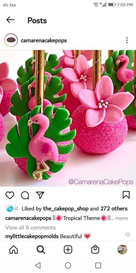 Tropical Theme Cake Pops, Flamingo Cakesicles, Tropical Theme Desserts, Flamingo Cake Pops, Flamingo Cakepops, Flamingo Treats, Hawaiian Theme Party Food, Hawaiian Cake Pops, Luau Cake Pops