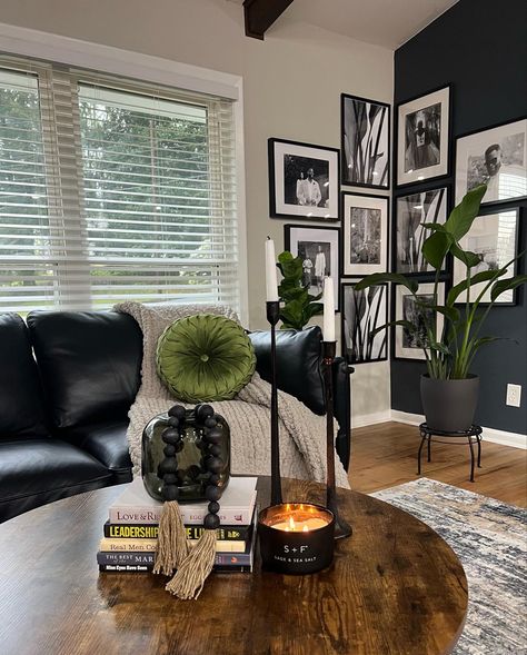 Gallery Corner Wall Living Room, Pictures On Corner Wall Ideas, Feature Corner Wall, Living Room Corner Inspiration, Gallery Wall Ideas Dark Wall, Boho Living Room Dark Floors, Eclectic Boho Glam Living Room, Black Wall Apartment Living Room, Plants In Apartment Ideas Living Room