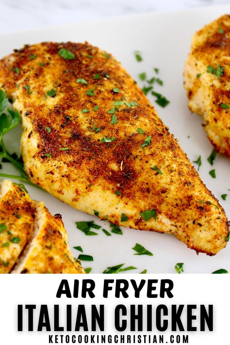 This delectable Air Fryer Italian Chicken recipe starts chicken perfectly seasoned with a zesty homemade Italian dressing mix. Cooked effortlessly in your air fryer until tender and juicy, your family will love it! #ketochicken #italianchicken #airfryerchicken Italian Dressing Chicken Air Fryer, Chicken Breast Italian Recipes, Raw Chicken In Air Fryer, Air Fryer Italian Chicken, Italian Seasoning Chicken, Chicken Breast Recipes Air Fryer, Italian Chicken Breast Recipes, Italian Herb Chicken, Italian Chicken Breast