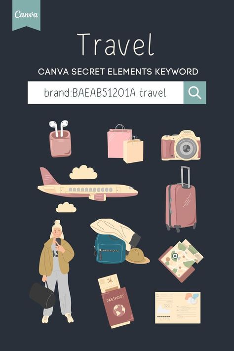 Canva Pro keywords for travel elements - passport, airplane, outfits, map, backpack, airpods! Find secret hidden design elements in Canva Pro. Simply search the code > brand:BAEAB512O1A travel < for aesthetic illustrations and scroll through these and even more beautiful elements in Canva! Canva Keywords Elements, Elements In Canva, Aesthetic Illustrations, Travel Elements, Canva Pro Elements, Canva Keywords, Canva Frames, Airplane Outfits, Keyword Elements Canva