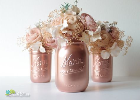 Pink Copper Rose Gold Decor Painted Mason Jars Home by BeachBlues Wedding Decor Vases, Rose Gold Decor, Pink Copper, Painted Jars, Copper Rose, Painted Mason Jars, Gold Party, Deco Floral, Center Pieces