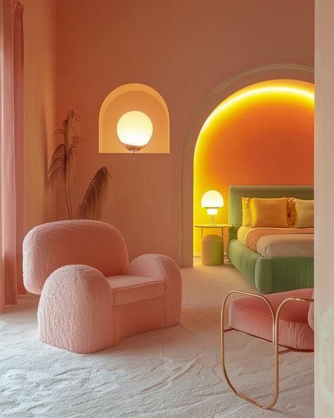 Home Arches Interiors, Interior Design Pink Bedroom, Postmodern Interior Design Bedroom, 70s Inspired Interior, Home Design 2024, Pastel Color Interior, Bright Color Bedroom Ideas, Velvet Interior Design, Airbnb Ideas Interior Design