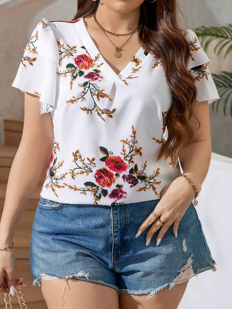 Blanco Casual,Bohemio Collar manga corta Tela tricotada Floral Top Embellished No-Elástico Butterfly Sleeve Blouse, Flower Print Shirt, Tops For Women Casual, Ruffled Sleeve Top, Boho Casual, Plus Size Blouses, White Casual, African Dress, Plus Size Shirts