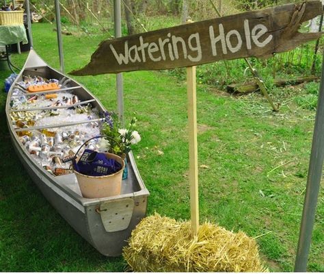 The beer canoe from my wedding! Canoe Beer Cooler, Canoe With Drinks, Canoe Beverage Holder Wedding, Canoe Beer Wedding, Beer Boat Wedding, Camping Wedding Food Ideas, Lake Wedding Theme Ideas, Beer Boat Wedding Canoe Cooler, Beer Canoe For Wedding