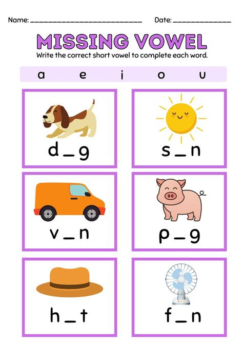 Write Missing Vowels Vowel Activity, Vowels Worksheet, Reading Response Worksheets, Cvc Worksheets, Reading Comprehension For Kids, Vowel Worksheets, Grammar For Kids, Clever Kids, Learn English Grammar