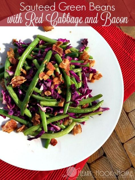 Sauteed Green Beans with Red Cabbage and Bacon http://hearthookhome.com/sauteed-green-beans-red-cabbage-bacon/?utm_campaign=coschedule&utm_source=pinterest&utm_medium=Ashlea K - Heart, Hook, Home&utm_content=Sauteed Green Beans with Red Cabbage and Bacon Sauteed Red Cabbage, Red Cabbage Recipe, Homeschool Meals, Red Cabbage Recipes, Diy Compost, Sauteed Green Beans, Frugal Recipes, Cabbage Recipe, Cabbage And Bacon