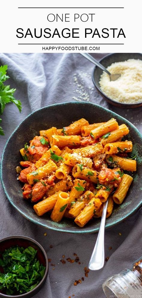 One pot sausage pasta is one of the easy recipes for busy nights. All made in one pot and ready in under 30 minutes! Rigatoni cooked alongside bacon and sausages in rich red pesto sauce. #happyfoodstube #onepot #sausage #pasta #lunch #dinner #meal One Pot Sausage Pasta, One Pot Sausage, Pasta Sausage, Smoked Sausage Pasta, Recipe Inspirations, Pasta Lunch, Sausage Pasta Recipes, Red Pesto, Bbq Dinner