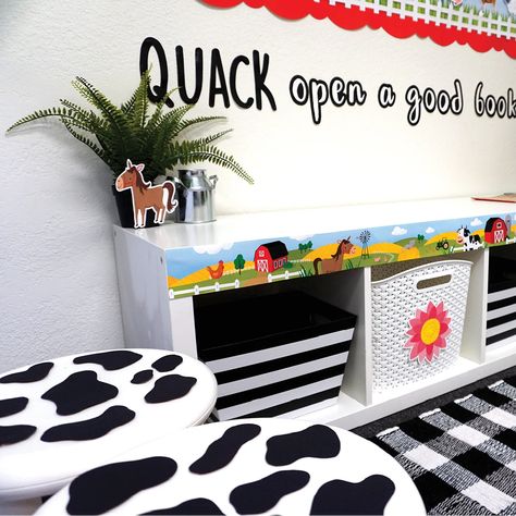 Farm Classroom Decorations, Barnyard Classroom, Farm Classroom Theme Decor, Classroom Reading Corner, Farm Classroom Theme, Reading Corner Classroom, Cow Appreciation Day, Daycare Themes, Farm Theme Preschool