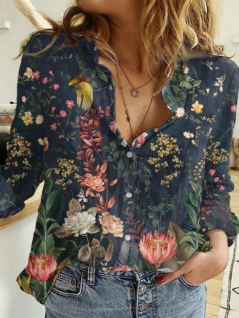 Women's Shirt Blouse Maroon Black Pink Graphic Floral Button Print Long Sleeve Casual Streetwear Vintage Shirt Collar Regular S 2023 - US $16.99 Women Floral Blouse, Shirts Women Fashion, Loose Shirts, Women Blouses, Loose Blouse, Women Shirts Blouse, Casual Blouse, Long Blouse, Styl Vintage