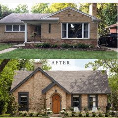 advice needed for choosing exterior trim colors for a yellow/tan brick Brown And Tan Brick House Exterior, Yellow Brick Renovation, Modern Yellow Brick House Exterior, Tan Brick Black Trim, Trim Colors For Blonde Brick House, Painting Yellow Brick Exterior, Yellow Brick Home Exterior, Blonde Brick Home Exterior, Yellow Brick House Exterior Colors