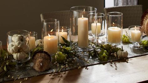 Glass Hurricane Candle Holders Dining Room Table Candle Centerpiece, Crate And Barrel Table, Dining Table Candle Centerpiece, Thanksgiving Table Settings Elegant, Dining Table Candles, Thanksgiving Dinnerware, Candle Table Centerpieces, Barrel Table, Candle Centerpiece