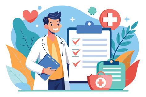 A cartoon doctor is smiling while holding a clipboard, which has a completed checklist. There are other medical supplies in the background. Cartoon Doctor, Wedding People, Heart Tree, Logo Banners, Cityscape Photos, Nature Backgrounds, Heart With Arrow, Clipboard, Background Banner