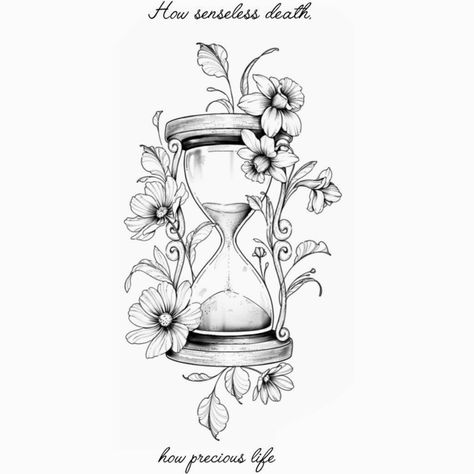 Hour Glass Tattoo Stencils, Hourglass Tattoo For Women, Womens Hourglass Tattoo, Delicate Clock Tattoo, Abstract Hourglass Tattoo, Feminine Hourglass Tattoo, Hourglass Tattoo With Flowers, Sand Timer Tattoo Design, Sand Clock Tattoo Design