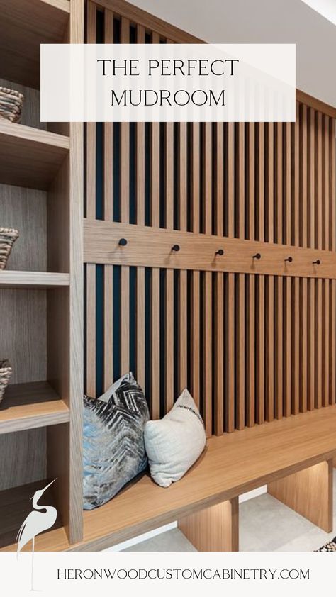 Our custom mudrooms are the perfect spot to store everything from beach towels to life jackets, swim shoes to floaties. Whether you're heading to the lake or need an upgrade for your summer cabin, a well-organized mudroom is an absolute game changer!  #LuxuryHomes #HomeDesign #CustomCabinetry #VancouverIslandHomes #LuxuryClosets #CustomClosets Wood Slat Mudroom, Drop Station Entryway Small Spaces, Midcentury Modern Mudroom Entryway, Mudroom Floating Bench, Garage Mud Area, Mudroom Stairs Entryway, Functional Mudroom Ideas, Laundry Room Mudroom Ideas, No Mudroom Solution