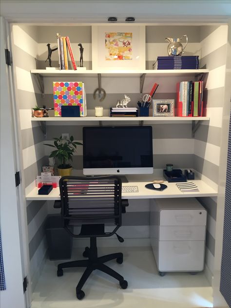 Fold Down Desk In Closet, Craft Closet Organization With Desk, Desks In Closets Ideas, Desk In Small Closet, Making A Closet Into An Office, Closet Into Gaming Desk, Small Closet Office Space, Computer Desk In Closet, Desk Nook In Closet