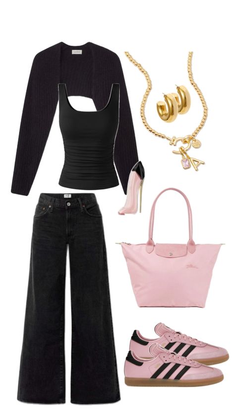 Longchamp,TankTop, Adidas, Sambas, Jeans, Pink, Black, Gold  #jeans #jeanskirt #dress #loafers #adidas #sambas #longhcamp #chanel #prada #outfit #inspo #outfitinspo #trendy #aesthetic #perfume Black Longchamp Bag, Aesthetic Perfume, Adidas Samba Outfit, Samba Outfit, Adidas Sambas, Winter Outfits For School, Chunky Gold Hoop Earrings, Longchamp Bag, Dress Loafers