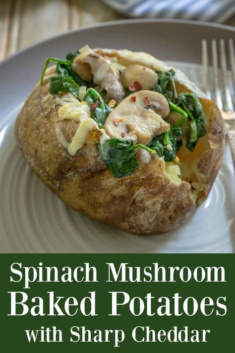 Sides Potatoes, Wife Recipes, Veggie Entrees, Meatless Meals Healthy, Mushroom Stuffed, Stuffed Baked Potatoes, Spinach Mushroom, Healthy Potato Recipes, Baked Potato Recipes