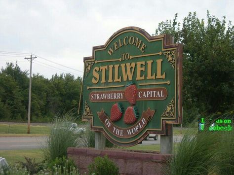 #Stilwell #Oklahoma Town Sign, Town Inspiration, Watermelon Festival, Oklahoma Travel, Strawberry Festival, Oklahoma History, Town Names, Carnival Rides, Welcome Signs