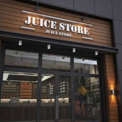 JUICE STORE on Behance Juice Shop Front Design, Store Fronts Design, Restaurant Front Design, Cafe Front Design, Store Front Design, Restaurant Facade, Interior Design Industrial, Juice Bar Design, Restaurant Exterior Design