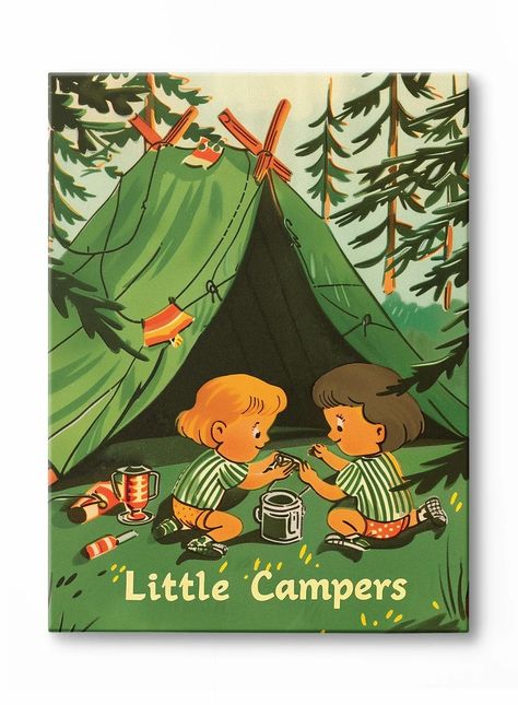 Camping Illustration, Lush Forest, Playing Outside, Nostalgic Art, Children Playing, Illustration Style, Illustration Vintage, Vintage Magazine, Wall Art Sign