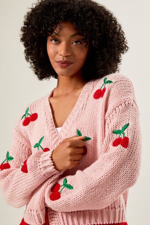 Cherry Embroidered Cardigan in Pink | Altar'd State | Altar'd State Pumpkin Cardigan, Romper And Boots, Cherry Sweater, Cherry Embroidery, Embroidered Cardigan, Chunky Cardigan, Cozy Cardigan, Sweater Sale, Really Cute Outfits