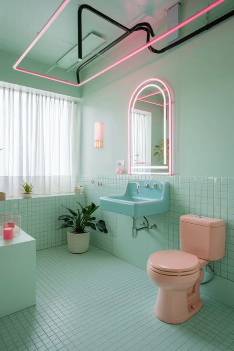 Dive into the ultimate retro bathroom experience with this stunning combination of mint green and pastel pink. The soft neon lights add a modern twist, creating a space that’s both relaxing and visually striking. This bathroom is perfect for those who love a blend of vintage charm and contemporary flair. #RetroBathroom #MintAndPink #BathroomGoals #NeonVibes #VintageCharm #BathroomInspo #HomeDecor #InteriorDesign #PastelAesthetic#home#decor#design Art Deco Tiny House, Pink Bathroom Retro, Holographic Bathroom, Pastel Toilet, Post Modern Bathroom, Green Pink Bathroom, Iridescent Bathroom, Bathroom Interior Design Luxury Modern, Retro Green Bathroom