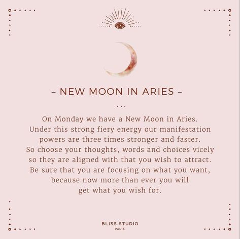 Bliss Studio on Instagram: “New Moon in Aries✨ ~ On Monday we have a New Moon in Aries and under this strong fiery energy our manifestation powers are three times…” Aries New Moon, New Moon In Aries, Moon In Aries, New Moon, Moon Phases, Full Moon, Astrology, Moon, Energy