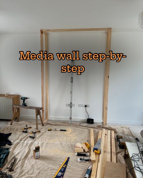 Media wall step-by-step in pictures 📸 Thought it might be useful to share this process of how we created our media wall. 🌟 We made the TV gap bigger incase we buy a bigger TV in the future 🌟 We also made the fireplace gap bigger for this reason too 🌟 There is a false wall behind the fireplace for easy access to the plug sockets #stepbystep #mediawallsteps #mediawalldesign #mediawallprogress #shelving #ikeabesta #ikeahack #handmade #diy #diymediawall #diyguide #homedesignideas #buildyour... How To Build Media Wall, Diy Entertainment Wall, Television Wall Ideas, Fireplace Media Wall, Diy Media Wall, Television Wall, False Wall, Plug Sockets, Diy Entertainment