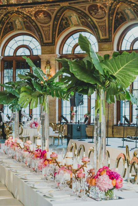 Whimsical Palm Beach Wedding | LuvRox Photography | PartySlate Glamorous Beach Wedding, The Colony Palm Beach Wedding, Wedding Palm Trees, Palm Royale Party Decor, Palm Royale Party Theme, Palm Beach Wedding Decor, Palm Royale Aesthetic, Palm Royale Party, Palm Royale