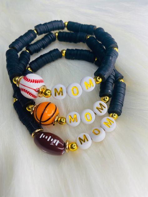 Sports Mom Beaded Bracelet , Football Mom , Baseball Mom , Basketball Mom , Custom Name Bracelets - Etsy Baseball Heishi Bracelet, Softball Bracelet Diy, Baseball Clay Bead Bracelet, Football Clay Bead Bracelets, Heishe Bracelet, Baseball Mom Bracelet, Heishi Bracelets, Clay Bracelets, Heishi Bracelet