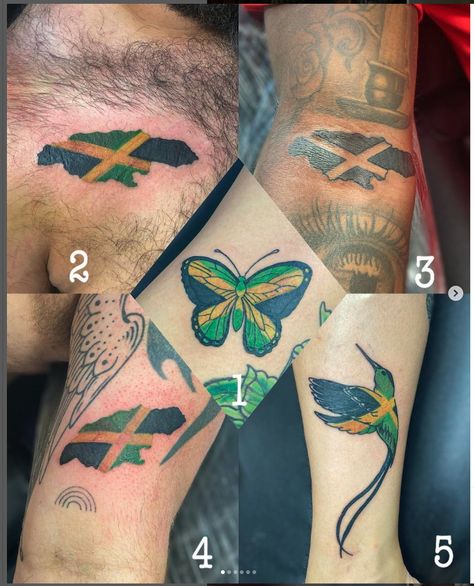 Made In Jamaica Tattoo, Jamaican Hummingbird Tattoo, Doctor Bird Tattoo Jamaican, Jamaican Flower Tattoo, Jamaica Flag Tattoo, Jamaican Inspired Tattoos, Jamaica Tattoo Ideas Design, Jamaica Inspired Tattoos, Jamaican Flag Tattoo Ideas