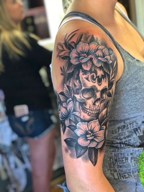 My half sleeve Rose Inner Forearm Tattoo, Skull And Lace Tattoos For Women, Womens Skull Tattoo Sleeve, Woman’s Half Sleeve Tattoo, Skull Shoulder Tattoo For Women, Half Sleeve Ideas For Women, Feminine Skull Tattoo Sleeve, Shoulder Half Sleeve Tattoo For Women, Half Skull Half Flower Tattoo