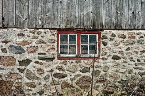 Barn Foundation, Red Windows, Stone Foundation, Watercolor Barns, Stone Cabin, Bohemian House Decor, Landscape Art Quilts, House Foundation, Rustic Window