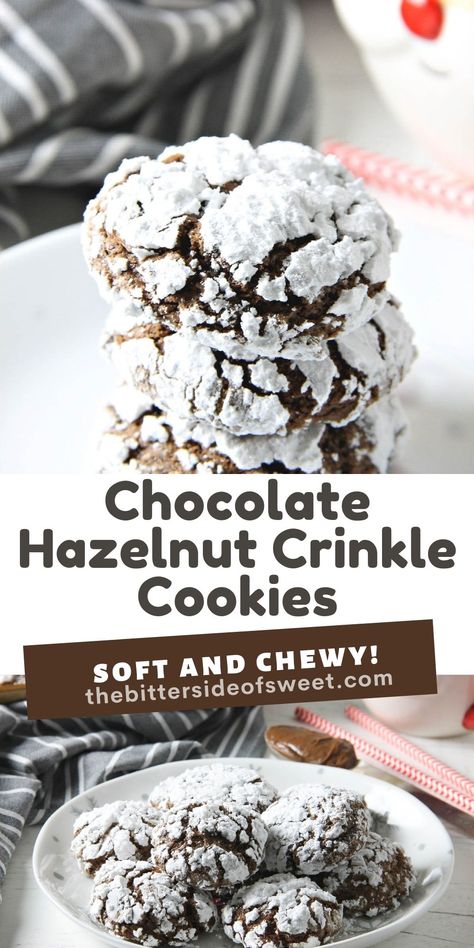 Chocolate Hazelnut Crinkle Cookies are impossible to resist. They're made with the sweet addition of creamy hazelnut spread! | The Bitter Side of Sweet Hazelnut Dessert Recipes, Hazelnut Cookies Recipes, Pb Cake, Hazelnut Dessert, Chocolate Hazelnut Cookies, Cookie Platters, Hazelnut Recipes, Cookie Corner, Italian Cookie