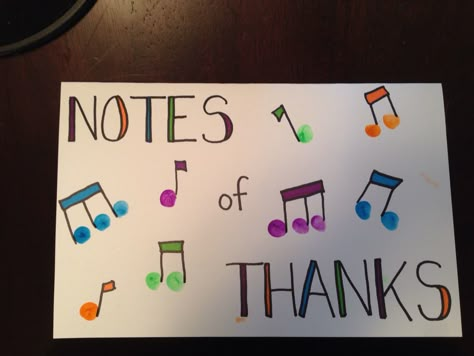 Music teacher thank you card! Fingerprint music notes Fingerprint Music Notes, Music Teacher Gifts From Kids, Thank You Card For Music Teacher, Music Thank You Cards, Music Teacher Gifts Diy, Music Teacher Appreciation Gifts, Teacher Thank You Notes, Music Card, Thank You Cards From Kids