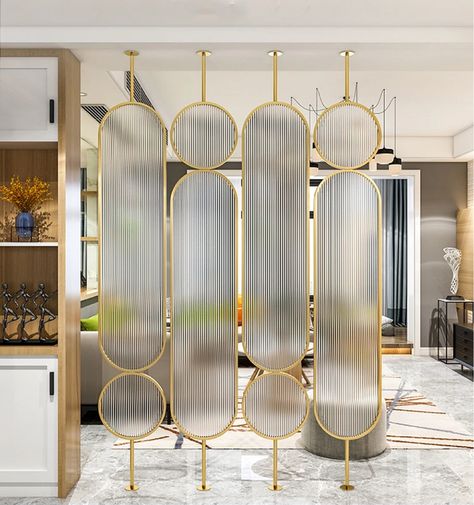 Living Room Divider Ideas, Rose Gold Wall Art, Glass Partition Designs, Modern Partition, Wall Partition Design, Glass Partition Wall, Modern Chic Design, Hanging Room Dividers, Divider Design