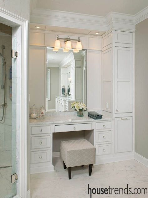 Bathroom Vanity Makeup Station, Bathroom Vanity Makeup, Linen Closet Storage, Built In Vanity, Mermaid Beauty, Bathroom Makeup, Bathroom Vanity Storage, Bathroom With Makeup Vanity, Cheap Bathroom Remodel