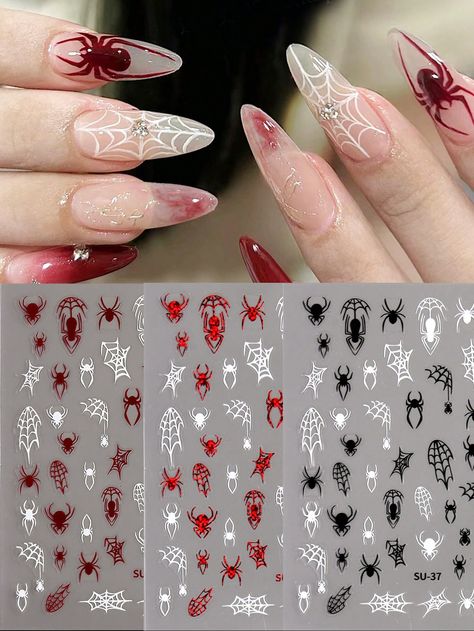 Halloween Nails Spiders, Phantom Troupe Nails, Halloween Nail Stickers, Dark Red Halloween Nails, Acrylic Nails Spider, Halloween Nails Spider, Nails With Spider, Nails Spider Web, Spiderweb Nails