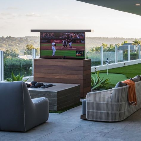 Brookside Design on Instagram: “Are you ready for Superbowl Sunday? 🏈Take the fun outdoors with an outdoor living room that includes a hidden TV... At project…” Backyard Tv, Outdoor Tv Ideas, Outdoor Tv Stand, Perth House, Outdoor Tv Cabinet, Wooden Patio Furniture, Superbowl Sunday, Backyard Dreams, Hidden Tv