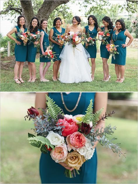 Wedding Ideas, Fall Wedding, Fall Colors, Jewel tones, Teal wedding bridesmaids, Blue-green colors, Green and dark cyan, Blue ocean, Maxi teal, Blue peacock wedding colors. Teal Fall Wedding, Peacock Wedding Colors, Teal Wedding Flowers, Teal Bridesmaid, Teal Bridesmaid Dresses, Emerald Bridesmaid Dresses, Bridesmaid Colors, Wedding Cakes Blue, Wedding Themes Fall