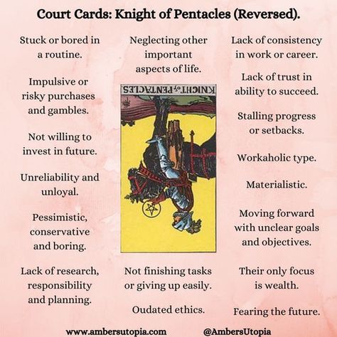 Knight Of Pentacles Reversed, Court Cards Tarot, Suit Of Pentacles, Knight Of Pentacles, Tarot Interpretation, Court Cards, Pentacles Tarot, Tarot Significado, Learning Tarot Cards